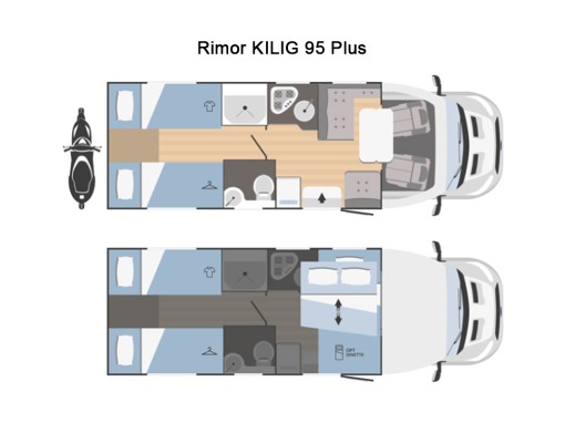 Půdorys obytného vozu Rimor Kilig 95 Plus model 2025.